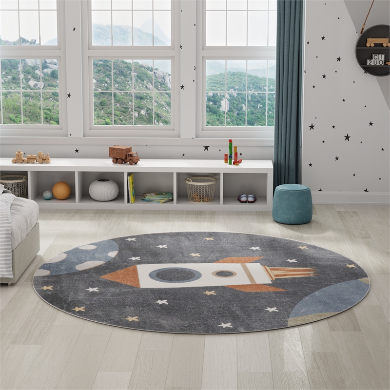 Nourison Astra Machine Washable 8' x Round Sky Blue Fabric Area Rug