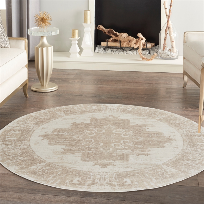 Nourison Grafix 8' x Round Ivory Beige Fabric Area Rug