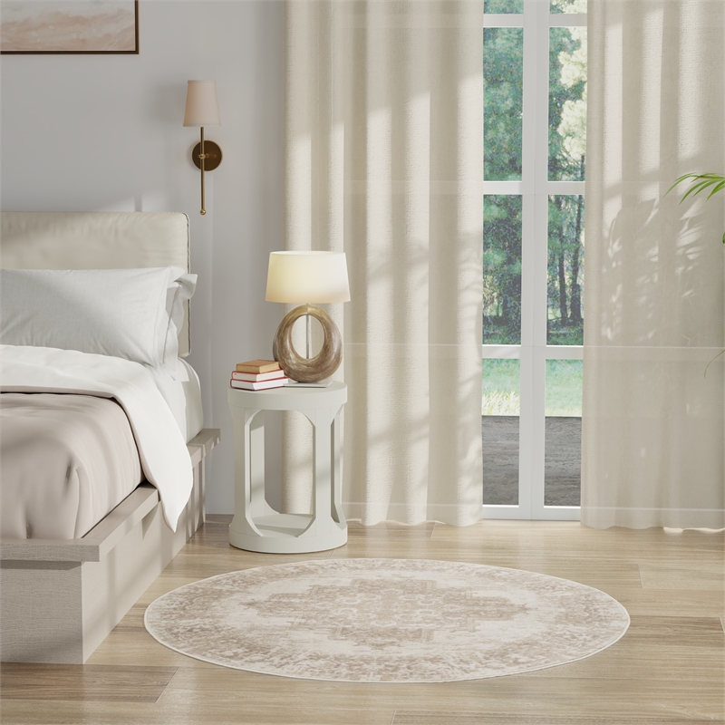Nourison Grafix 5' x Round Ivory Beige Fabric Area Rug