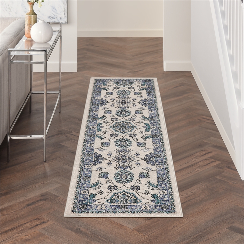 Nourison Essentials 6' Runner Ivory Blue Fabric Area Rug