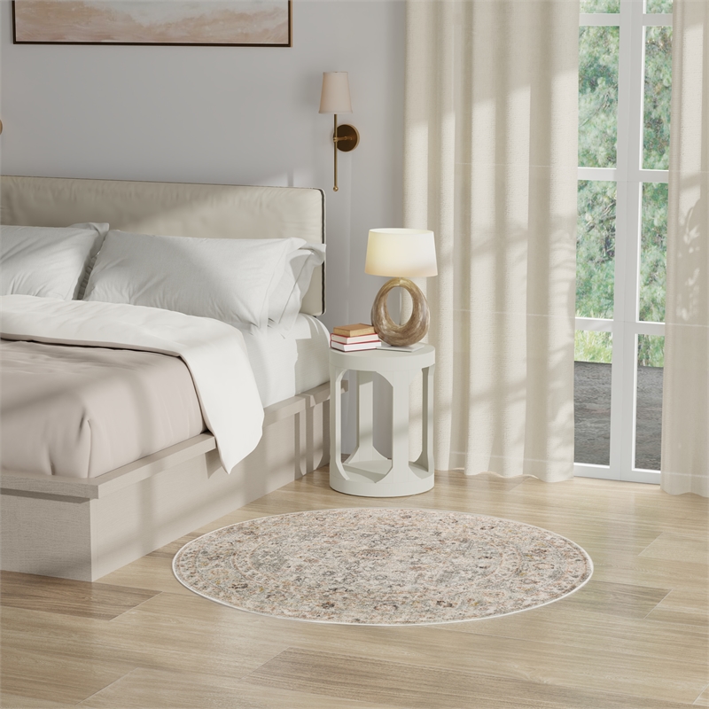 Nourison Oushak Home 4' x Round Light Gray Fabric Area Rug