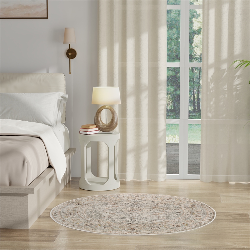 Nourison Oushak Home 4' x Round Light Gray Fabric Area Rug