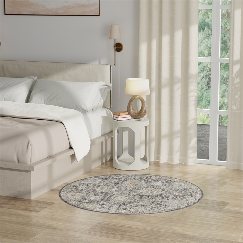 Nourison Oushak Home 4' x Round Charcoal Fabric Area Rug
