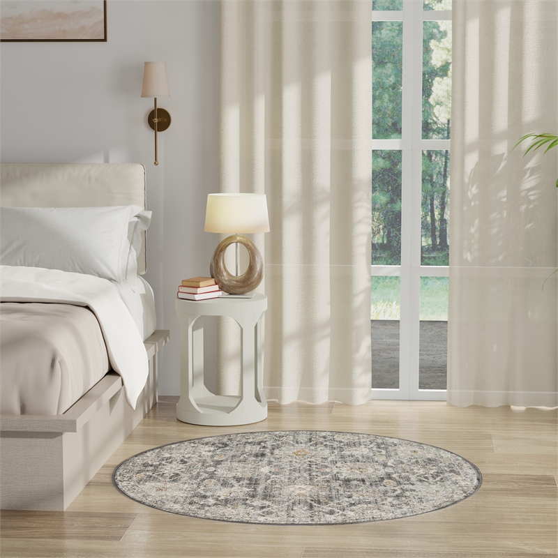 Nourison Oushak Home 4' x Round Charcoal Fabric Area Rug