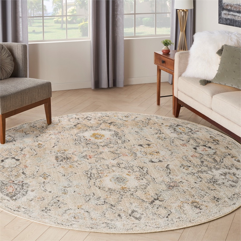 Nourison Oushak Home 8' x Round Cream Fabric Area Rug