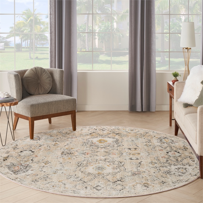 Nourison Oushak Home 8' x Round Cream Fabric Area Rug