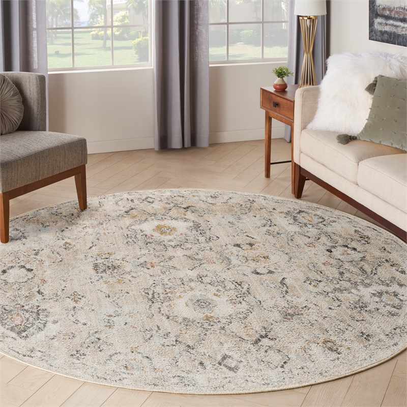 Nourison Oushak Home 8' x Round Gray Fabric Area Rug