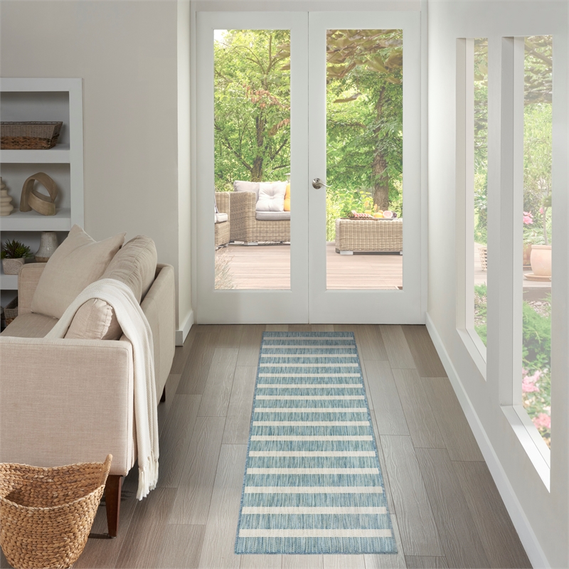 Nourison Home Positano 10' Runner Fabric Aqua Ivory Area Rug