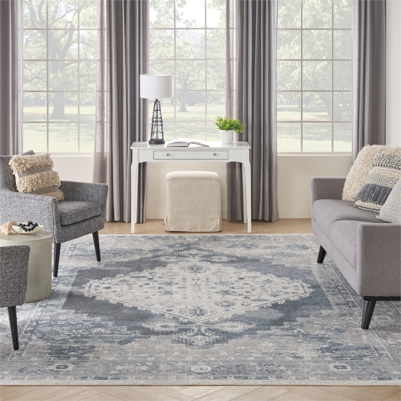 Nourison Home Astra Machine Washable 6' x 9' Polyester Blue Ivory Area Rug