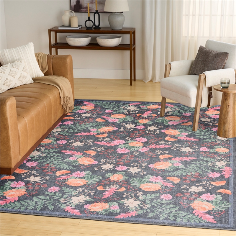 Nourison Botanical Washables 4' x 6' Charcoal Multicolor Farmhouse Indoor Rug