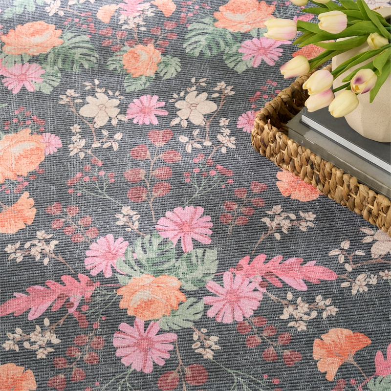 Nourison Botanical Washables 4' x 6' Charcoal Multicolor Farmhouse Indoor Rug