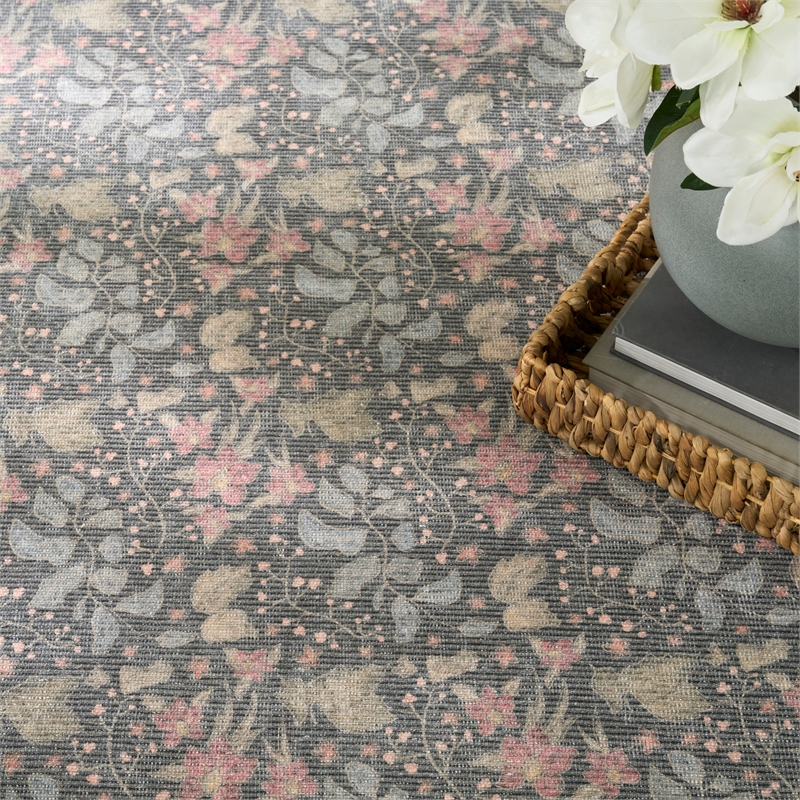 Nourison Botanical Washables 4' x 6' Charcoal Multicolor Farmhouse Indoor Rug