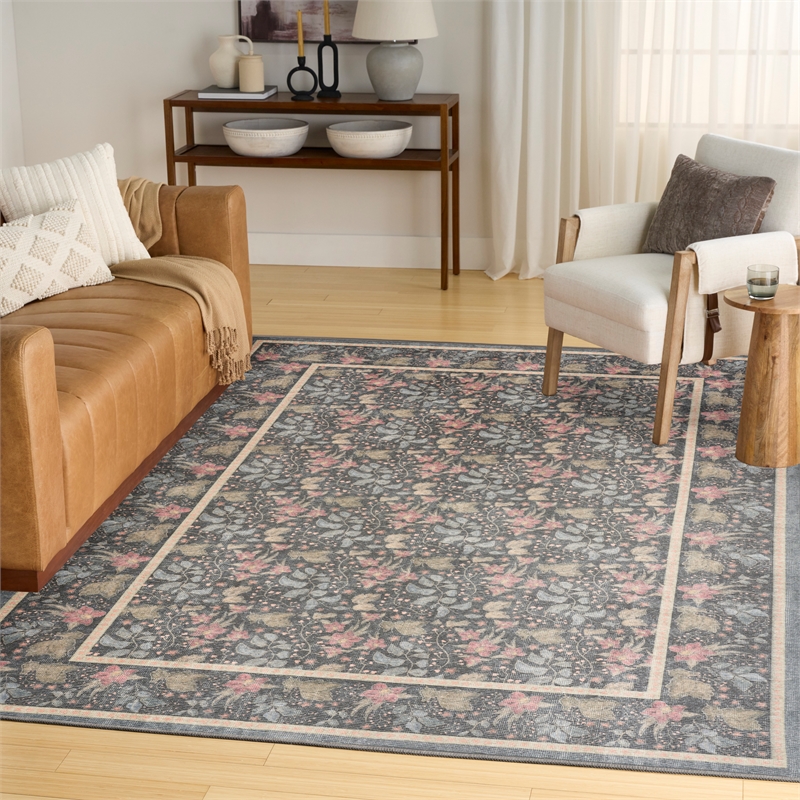 Nourison Botanical Washables 5' x 7' Charcoal Multicolor Farmhouse Indoor Rug