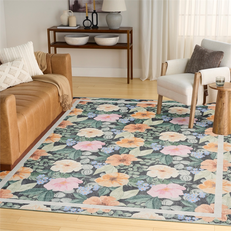 Nourison Botanical Washables 4' x 6' Charcoal Multicolor Farmhouse Indoor Rug