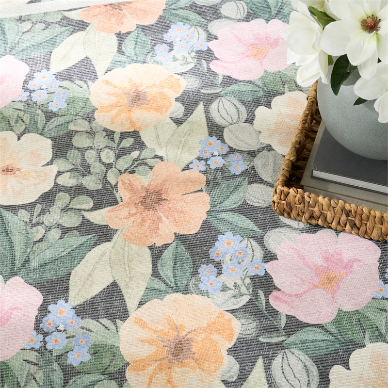 Nourison Botanical Washables 4' x 6' Charcoal Multicolor Farmhouse Indoor Rug