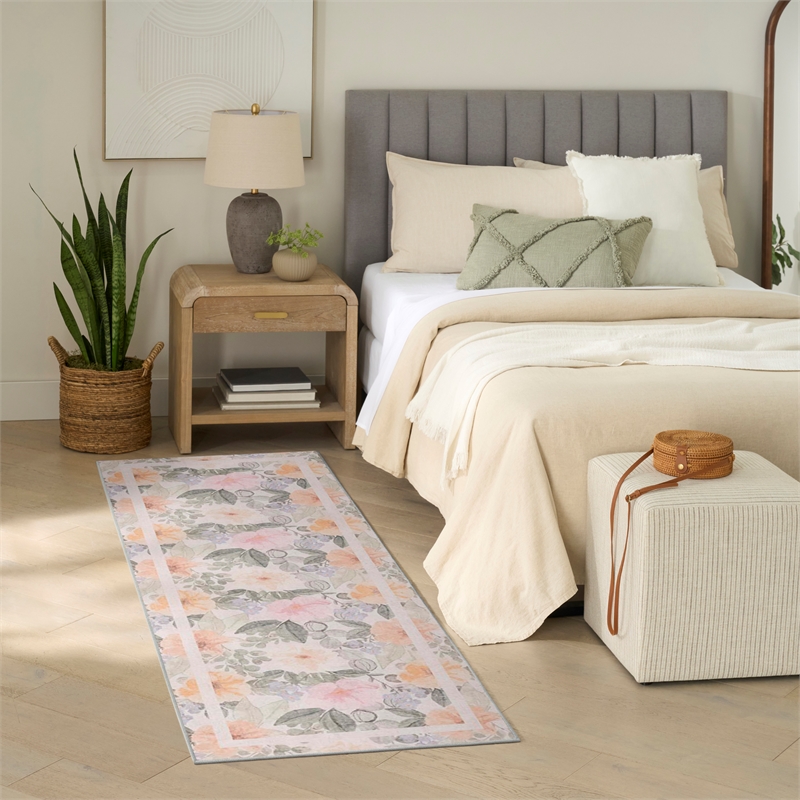 Nourison Botanical Washables 2' x 6' Beige Multicolor Farmhouse Indoor Rug