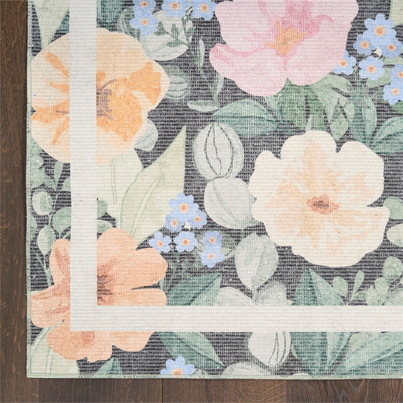 Nourison Botanical Washables 2' x 6' Charcoal Multicolor Farmhouse Indoor Rug