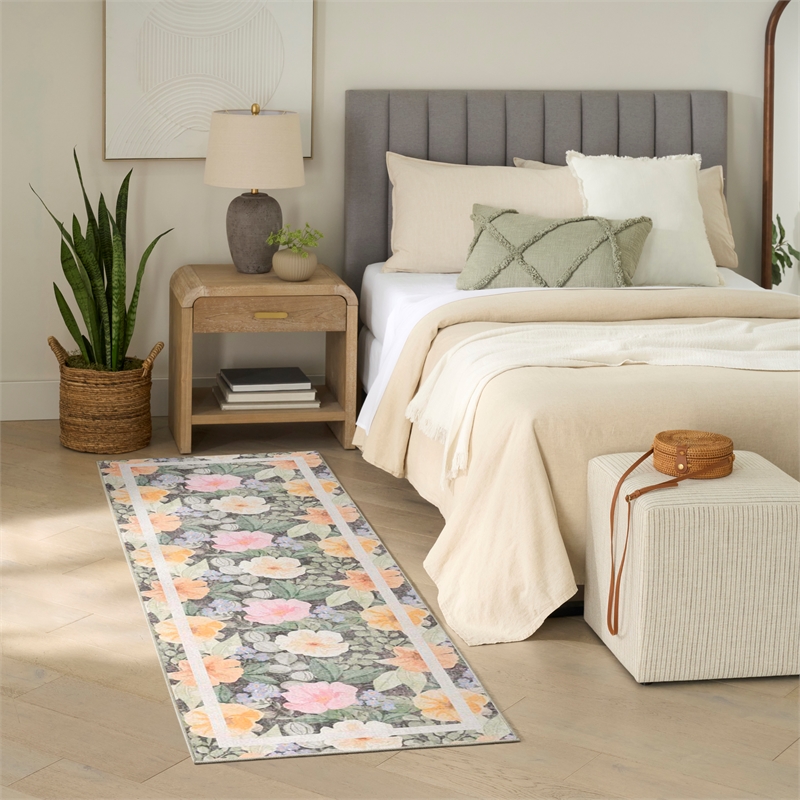 Nourison Botanical Washables 2' x 6' Charcoal Multicolor Farmhouse Indoor Rug
