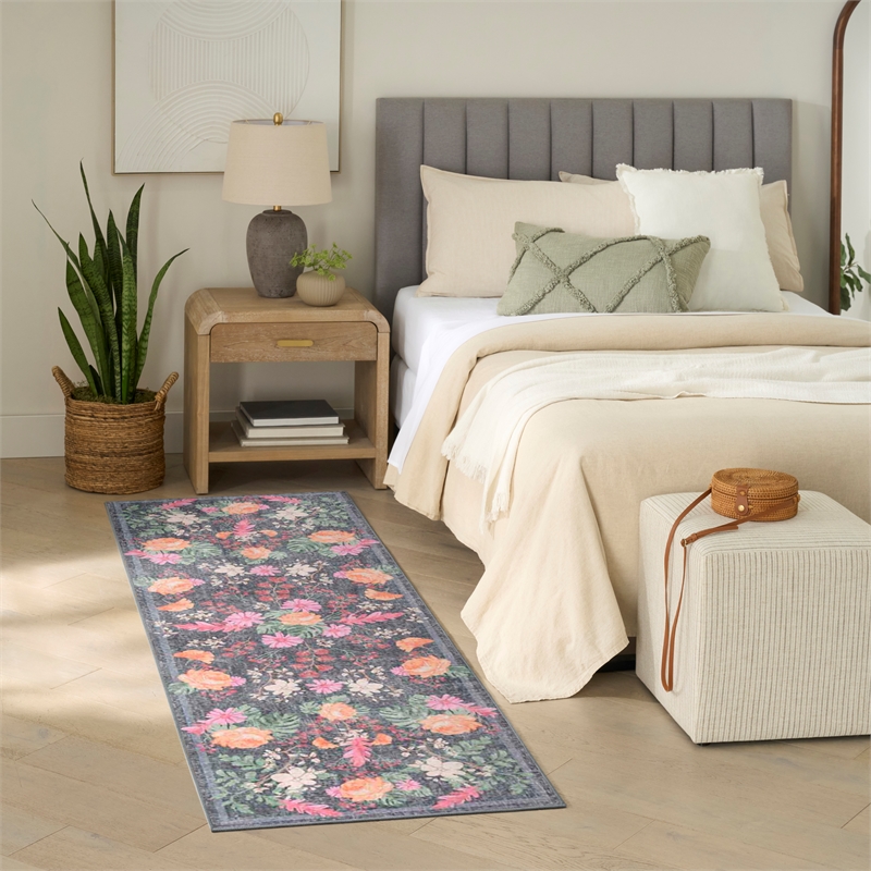 Nourison Botanical Washables 2' x 6' Charcoal Multicolor Farmhouse Indoor Rug