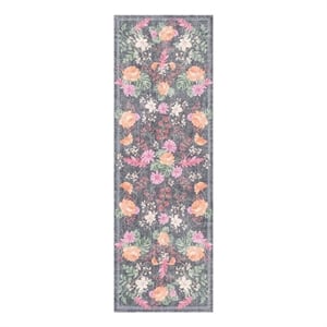 Nourison Botanical Washables 2' x 6' Charcoal Multicolor Farmhouse Indoor Rug