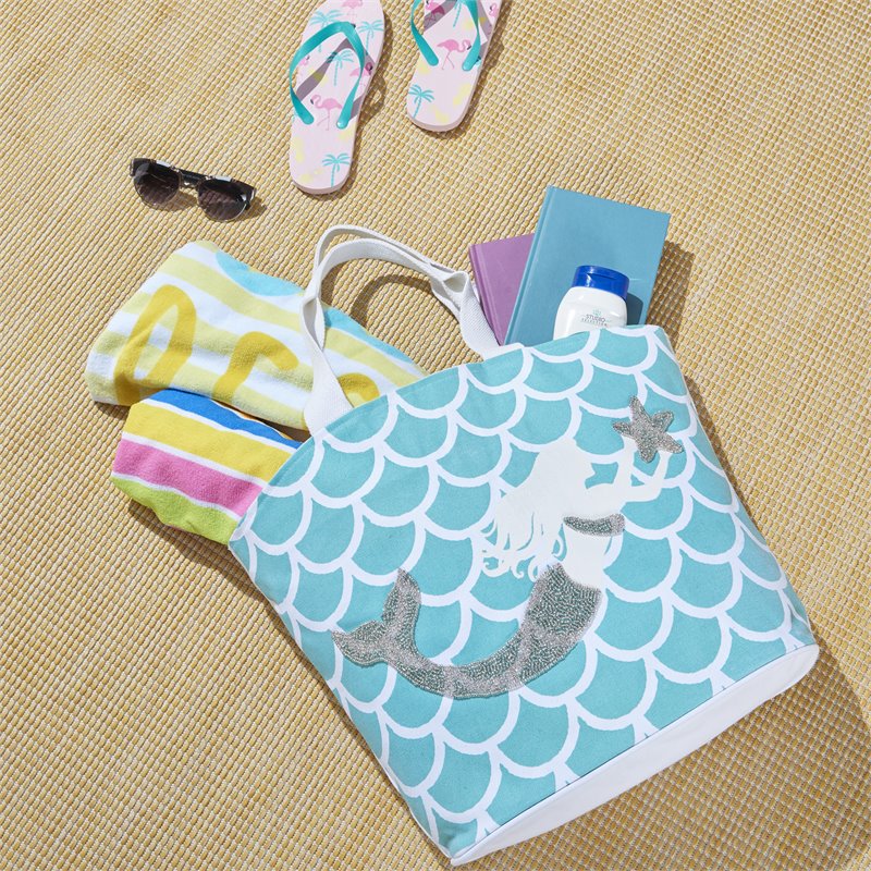 Mina Victory Handbags & Crossbody Cotton Mermaid Beach Tote Bag in Ocean Blue