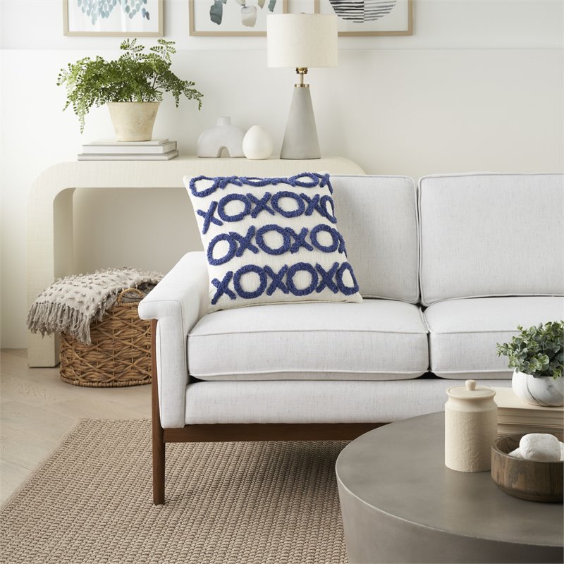 Mina Victory Life Styles Square Cotton Tufted Lines Throw Pillow in Blue Ink