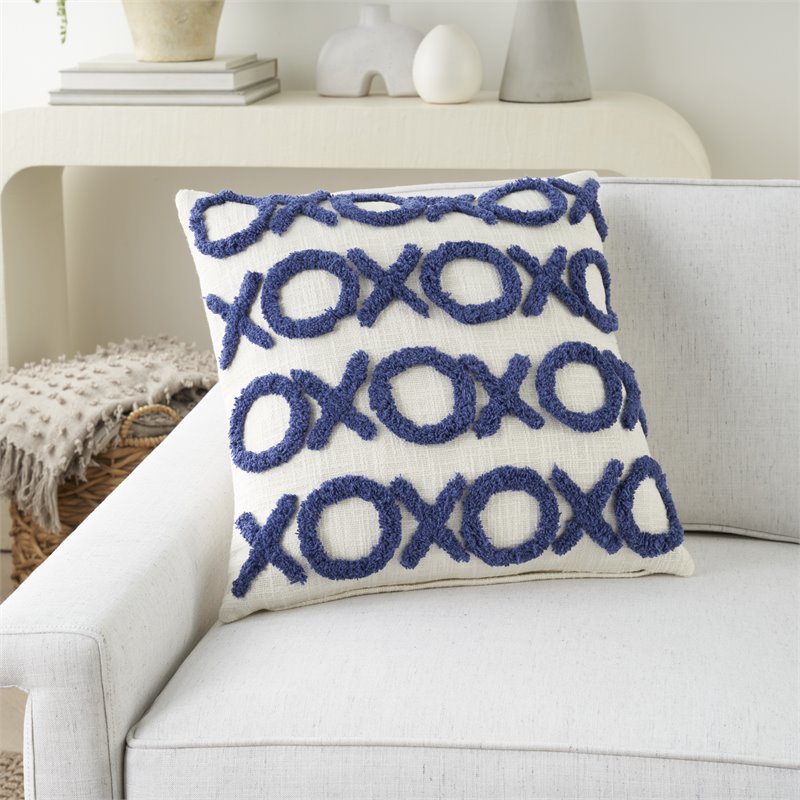 Mina Victory Life Styles Square Cotton Tufted Lines Throw Pillow in Blue Ink