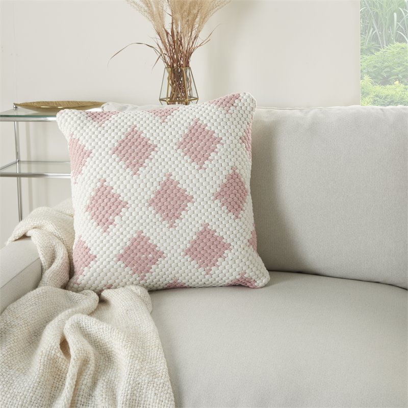 Mina Victory Life Styles Square Cotton Woven Diamonds Throw Pillow in Blush Pink