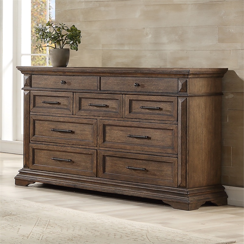 classic wood dresser Furniture of America Flonnin Modern Classic 6 Drawer Dresser With Mirror and Cedarwood Lined Bottom Drawers Tawny Brown