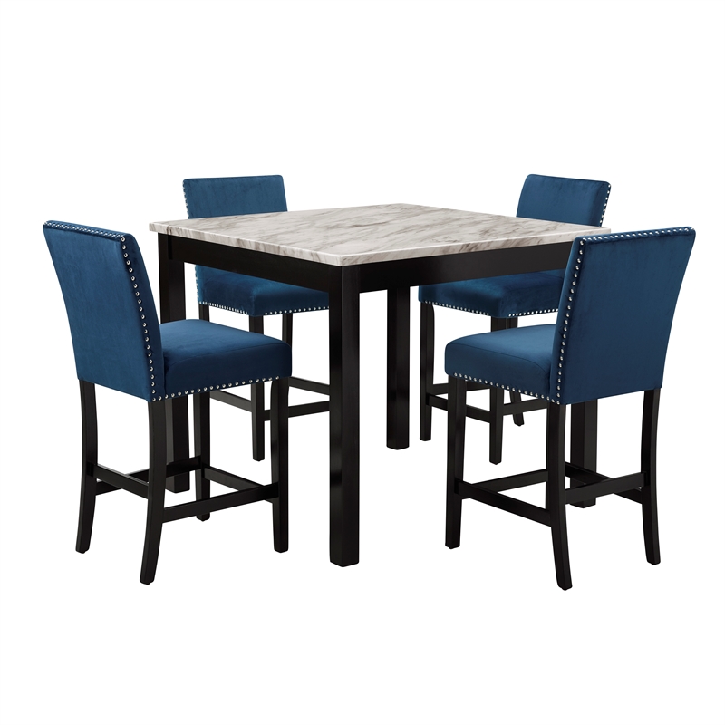 New Classic Furniture Celeste 5-Piece Faux Marble & Wood Counter Set in Blue