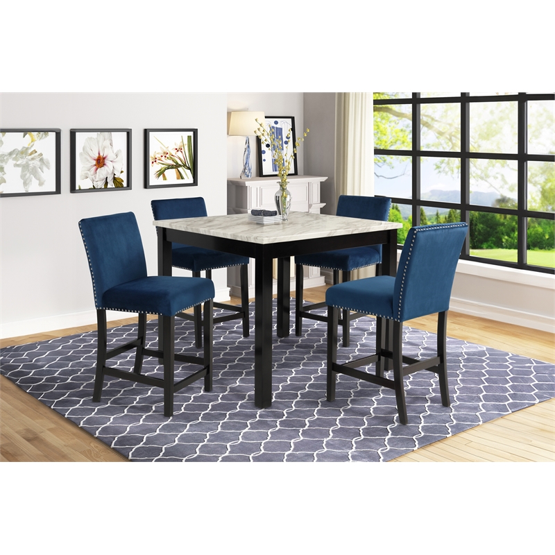 New Classic Furniture Celeste 5-Piece Faux Marble & Wood Counter Set in Blue