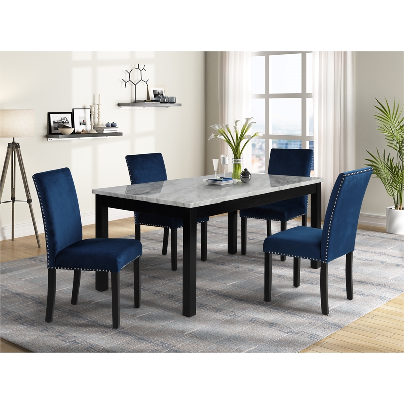 New Classic Furniture Celeste Faux Marble/Wood Dining Set w/ 4 Blue Chairs