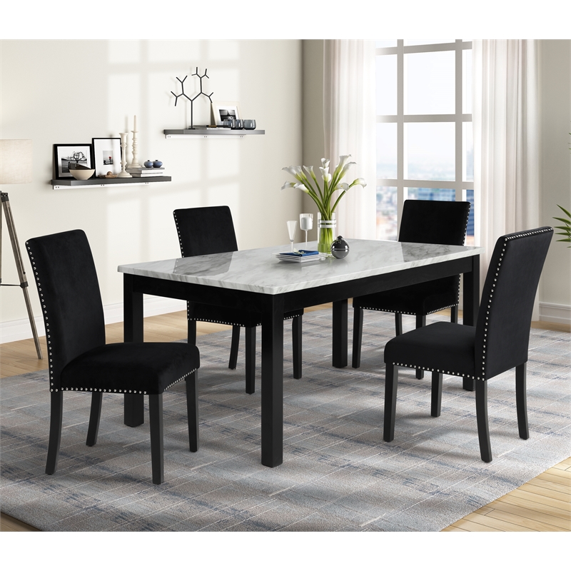 New Classic Furniture Celeste Faux Marble/Wood Dining Set w/ 4 Black Chairs