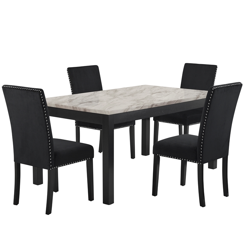 New Classic Furniture Celeste Faux Marble/Wood Dining Set w/ 4 Black Chairs