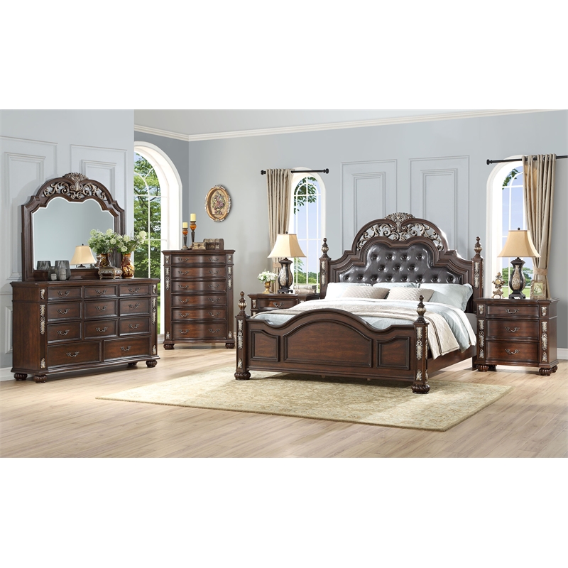 New Classic Maximus 5PC 2-Nightstand Wood Cal King Bedroom Set in Madeira Brown