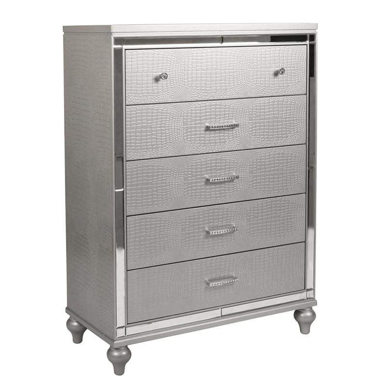 New Classic Valentine Furniture 5-Piece Solid Wood King Bedroom Set in Silver