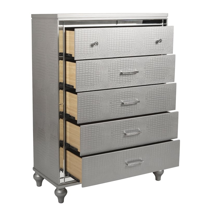 New Classic Valentine Furniture 5-Piece Solid Wood King Bedroom Set in Silver