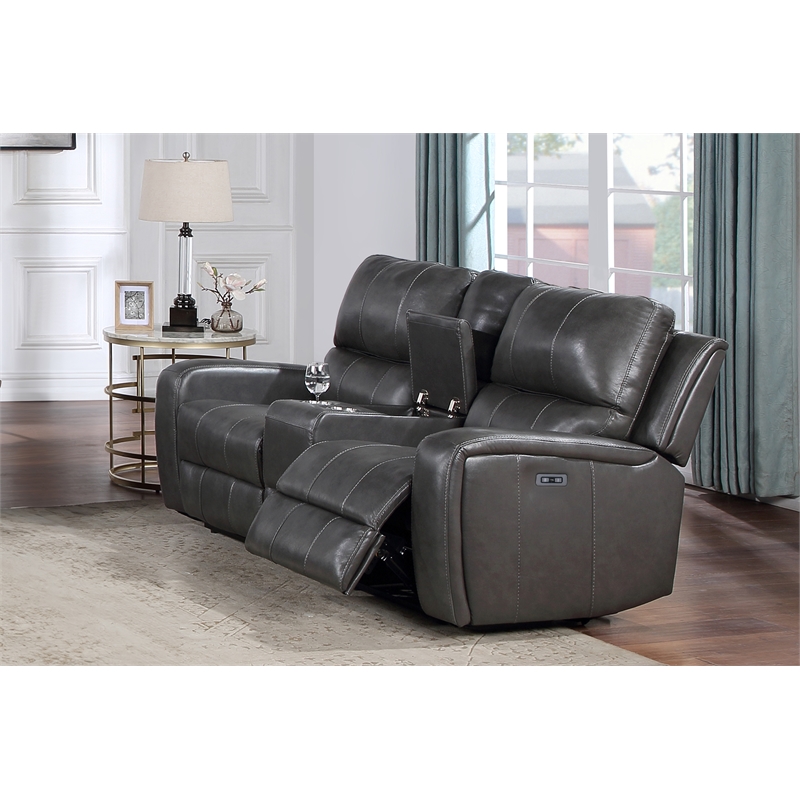 New Classic Furniture Linton Leather Console Loveseat w/ Power Footrest in Gray