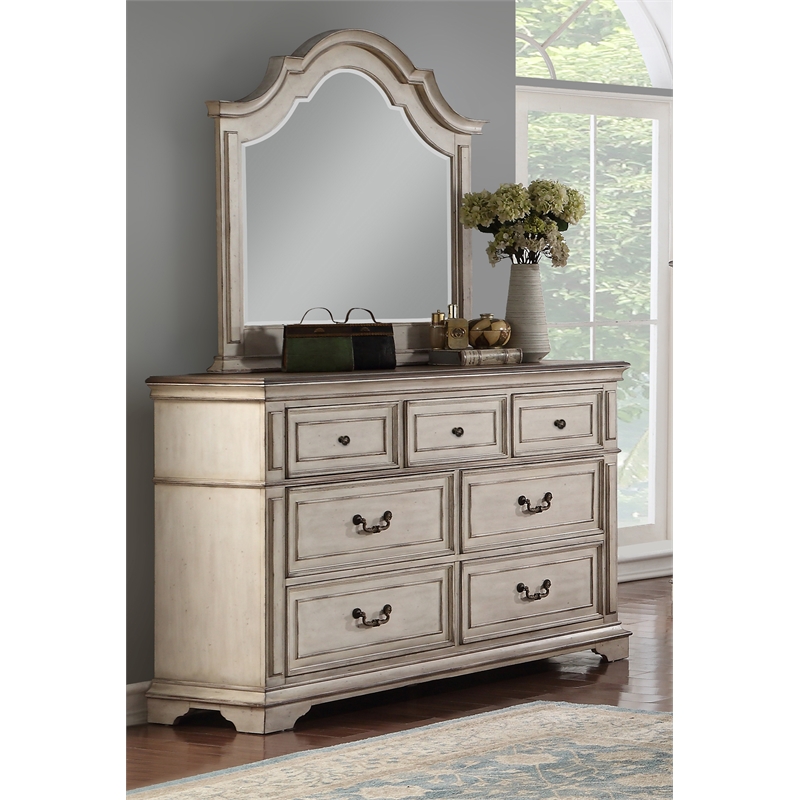 New Classic Furniture Anastasia Solid Wood Dresser with Mirror in Antique White