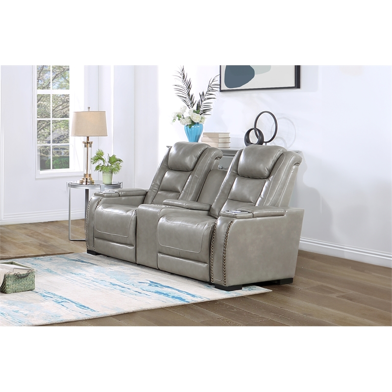 New Classic Furniture Breckenridge Leather Power Console Loveseat in Gray