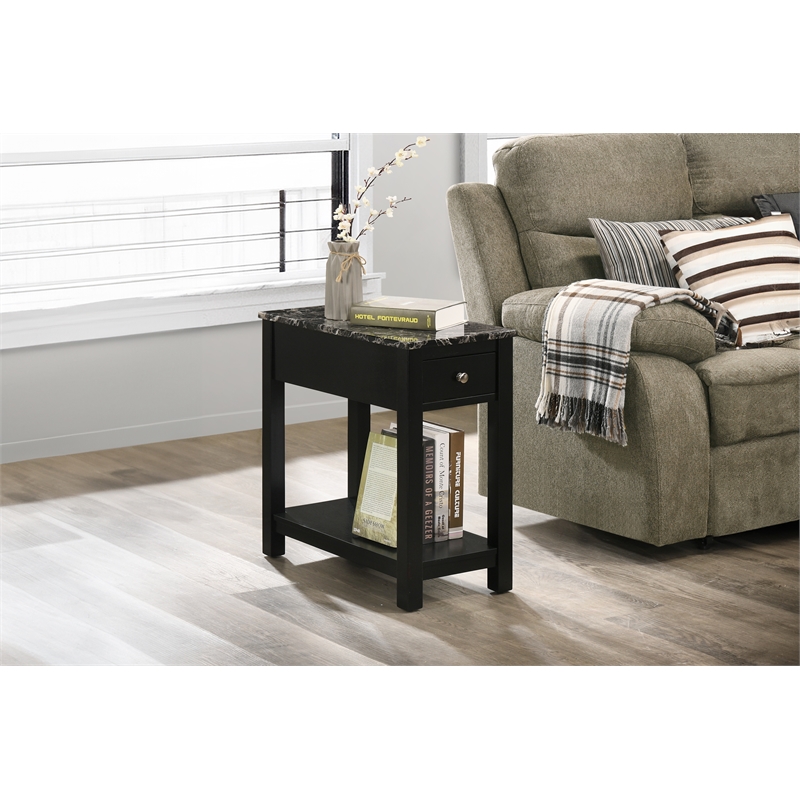 New Classic Furniture Noah Wood End Table w/ Faux Marble Top in Black (Set of 2)