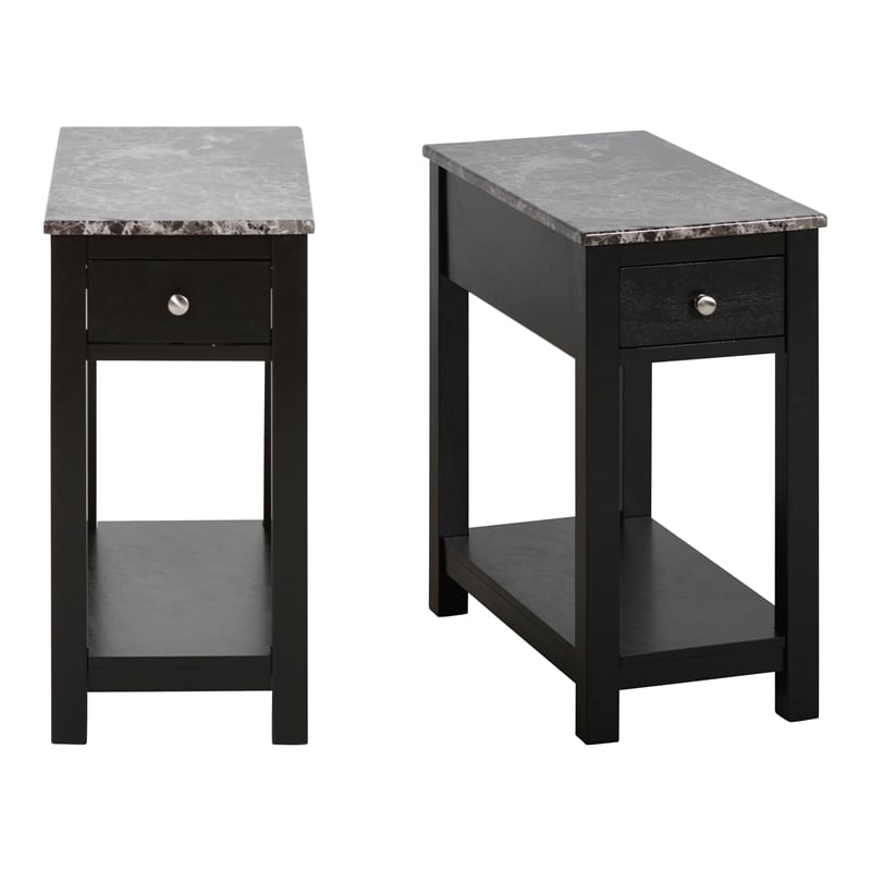 New Classic Furniture Noah Wood End Table w/ Faux Marble Top in Black (Set of 2)