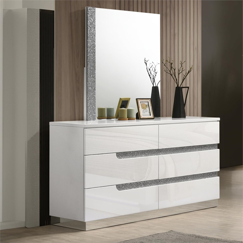 New Classic Furniture Paradox Solid Wood 6-Drawers Dresser with Mirror in White
