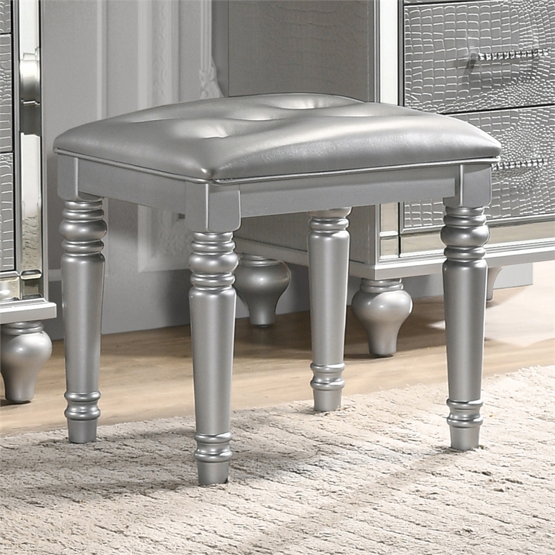 New Classic Furniture Valentine Solid Wood Bedroom Vanity Stool in Silver