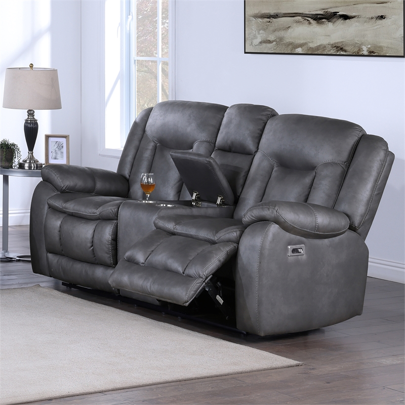New Classic Furniture Morello Fabric Console Loveseat w/ Power Footrest in Gray