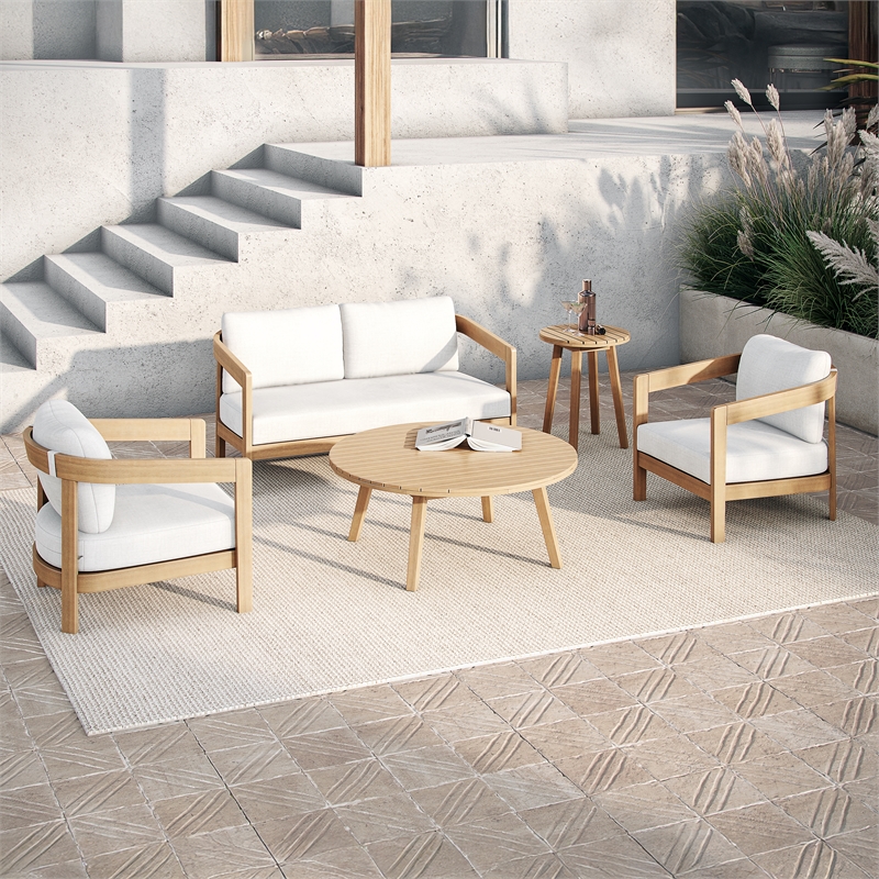 New Classic Furniture Wesley 5-pc Wood Patio Set with Loveseat in Natural/White