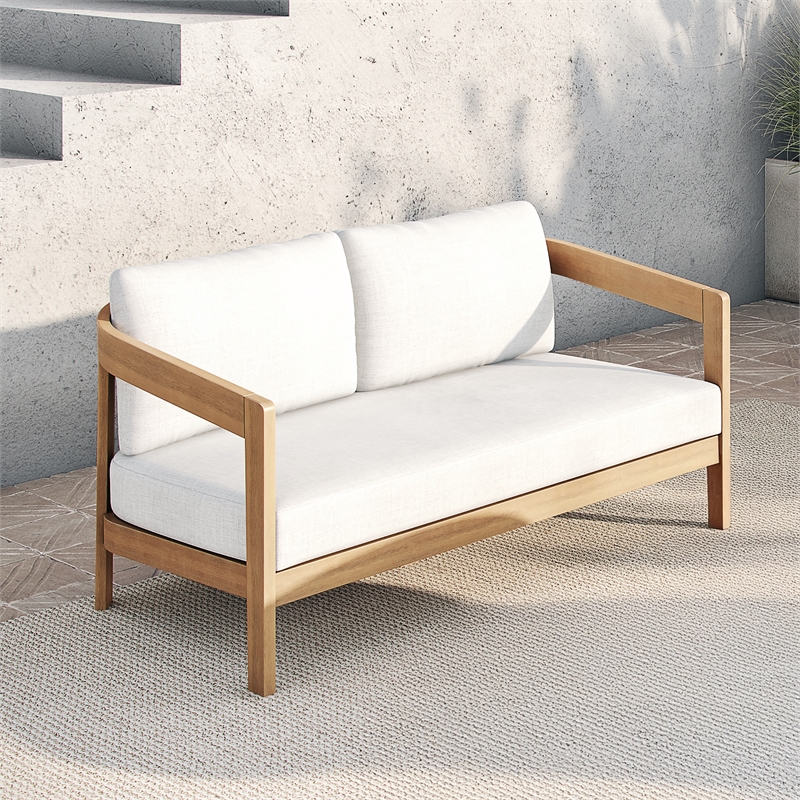 New Classic Furniture Wesley Wood Patio Loveseat with Cushion in Natural/White