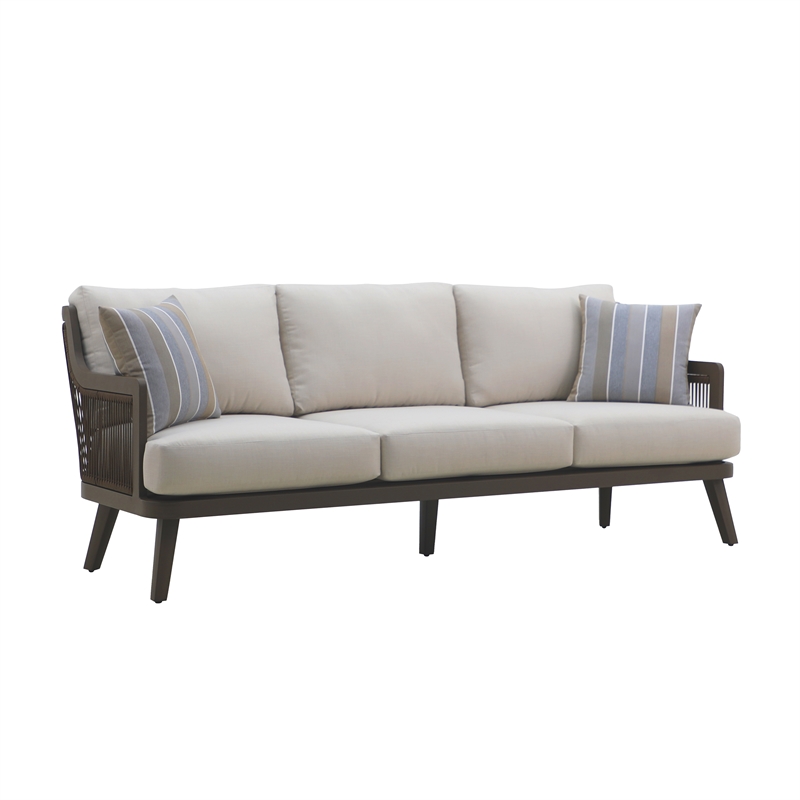 New Classic Furniture Genova Aluminum/Wicker Patio Sofa with Pillows in Gray