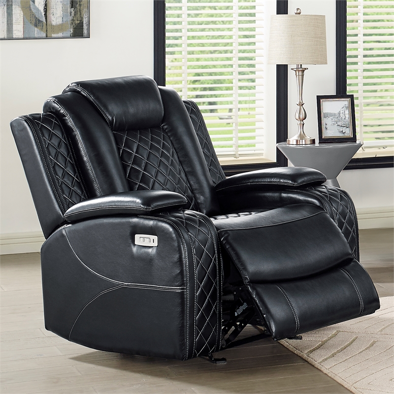 New Classic Furniture Orion II Faux Leather Power Glider Recliner in Black