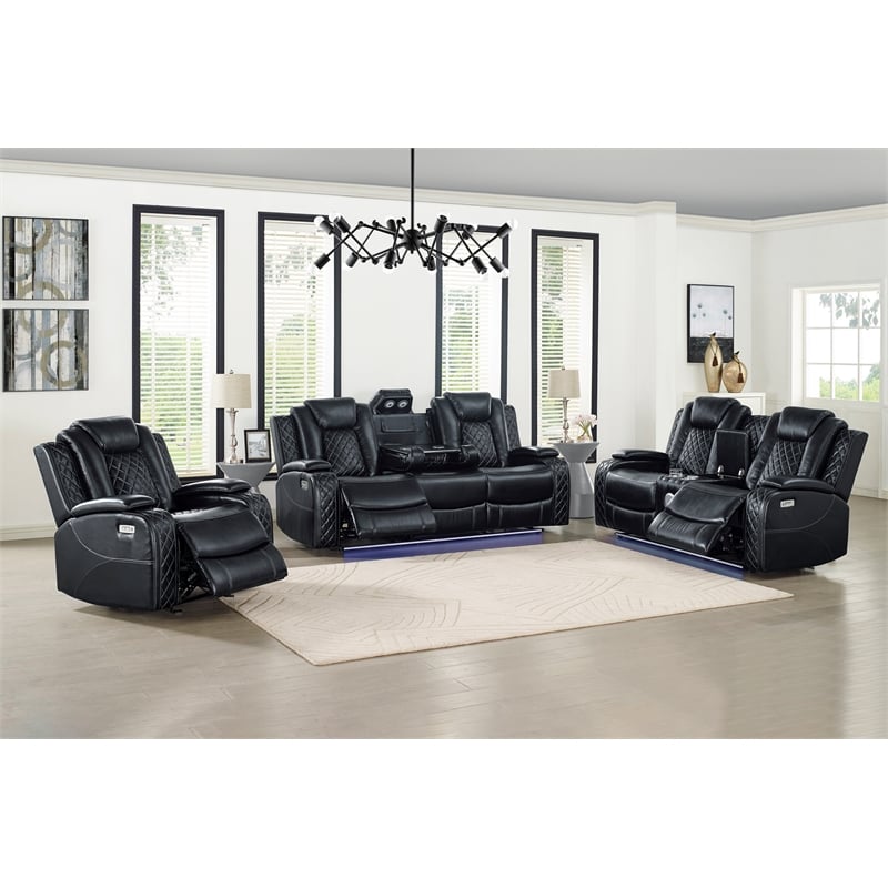 New Classic Furniture Orion II 3-Pc Faux Leather Power Living Room Set in Black